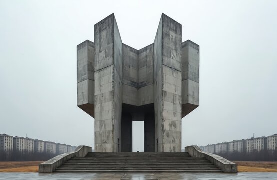 Massive brutalist concrete monument stands under grey overcast sky. Geometric architecture features grand staircase, central opening. Long rows of soviet era apartment buildings line urban landscape