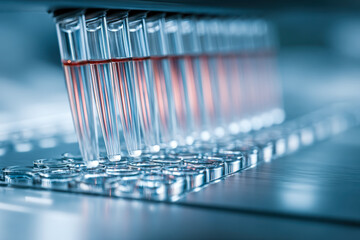 Automated laboratory pipetting system dispensing pink liquid samples into a microplate for advanced scientific research and diagnostic testing purposes