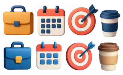 Collection of 3D Business Icons Including Briefcase Calendar Target and Coffee Cup 3D icon portfolio isolated on a transparent background