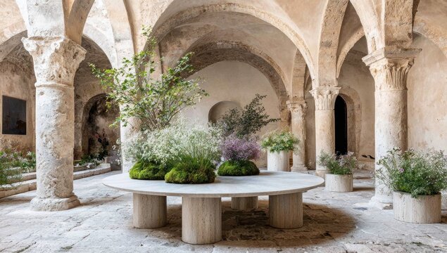 Ornate courtyard adorned with floral arrangements and a round table.