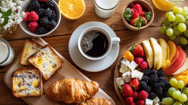 Continental breakfast spread with coffee, croissants, french toast, fresh berries, fruits and cheese on wooden table creating inviting morning meal composition