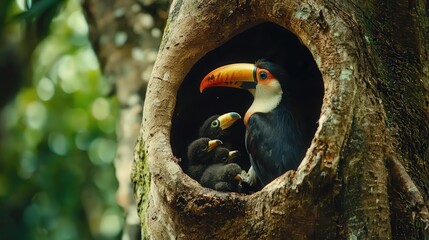 Naklejka premium A toucan feeding its chicks in a hollow tree in a tropical rainforest