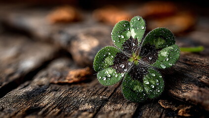 a four-leaf clover on an old wooden table, symbolizing good luck and a st. patrick's day celebration. real photo.