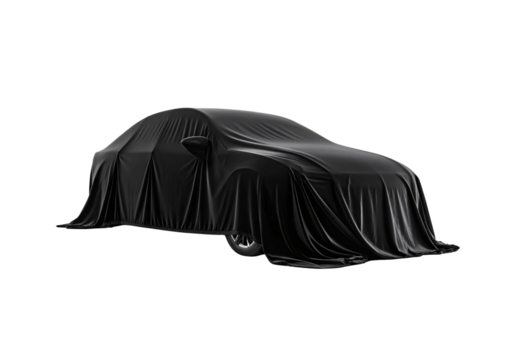 Black cloth draped over car, luxury automobile hidden beneath cover, isolated on a transparent background
