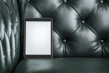 Blank digital tablet with a glowing screen resting on a dark green leather tufted sofa, perfect for technology and modern lifestyle concepts