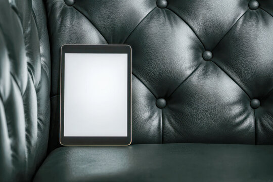 Blank digital tablet with a glowing screen resting on a dark green leather tufted sofa, perfect for technology and modern lifestyle concepts