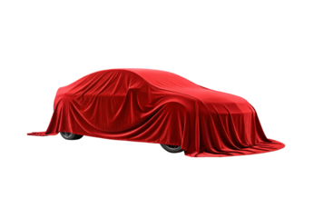 Red silk cloth covering car, wheels visible beneath luxurious drape, isolated on a transparent background