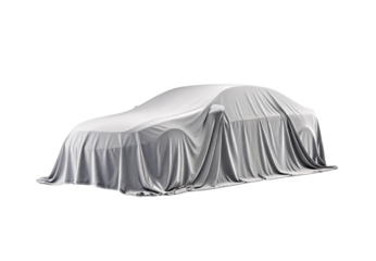 Silver fabric covering car, sleek sports vehicle concealed with cloth, isolated on a transparent background
