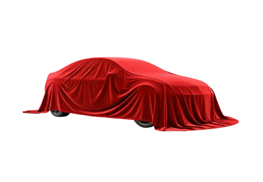 Red silk cloth covering car, wheels visible beneath luxurious drape, isolated on a transparent background