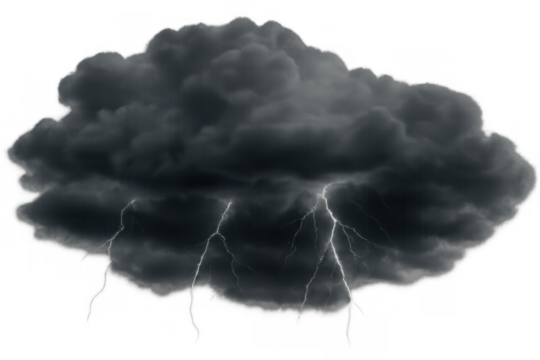 Dark storm cloud with lightning striking down, illustrating extreme weather conditions and impending danger on transparent background