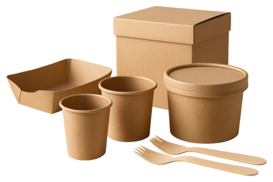 Collection of Recycled Cardboard Food Packaging Containers and Cutlery on White Background takeaway takeout isolated on a transparent background