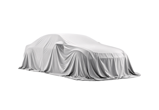 White satin draped over car, elegant sports vehicle covered completely, isolated on a transparent background