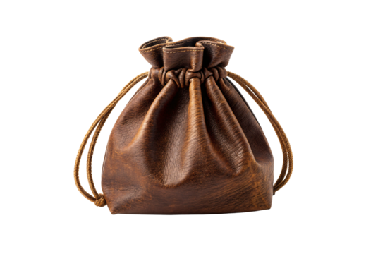 Brown leather drawstring bag, gathered top with cord closure visible, isolated on a transparent background