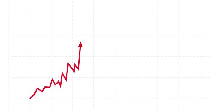 Chart arrow red irregular shape goes up and down. Graph rising fast. Business cartoon animation. Economy metaphor. Speed up slow down graph acceleration white grid screen business backgound.
