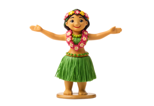 Cheerful hula dancer figurine with flower lei and green grass skirt, isolated on a transparent background