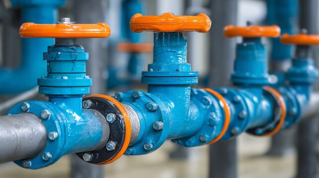 Aligned blue industrial pipes, valves shown. Plumbing system with orange flanges. Pipes conduct fluids in factory workshop. Metal pipeline transmits water for industrial process. Construction,