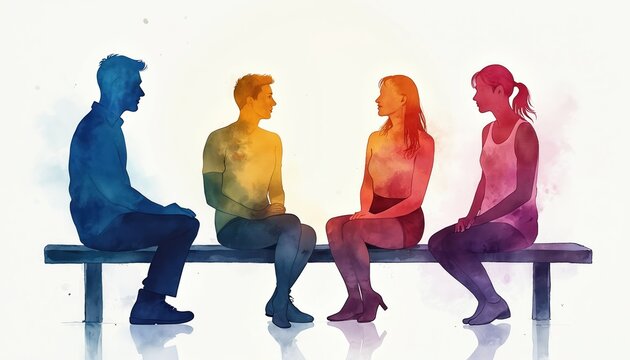 Four people sit on bench, facing each other. Figures share feelings, emotions, thoughts in therapy group. Diverse individuals connect, support, heal, find common ground, share stories.