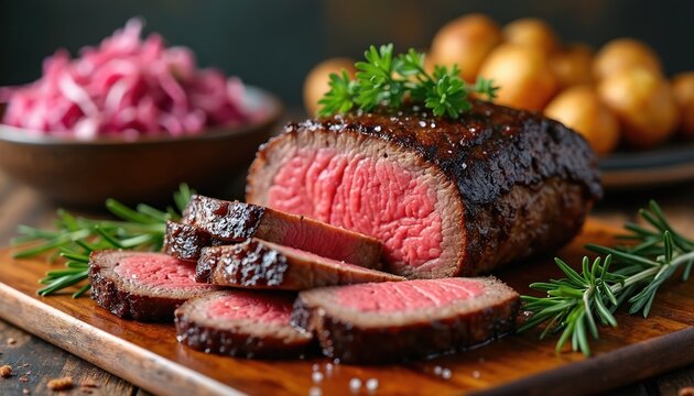 Close up view shows sliced roast beef dish. Meat decorated by parsley and rosemary served on wood desk. Red cabbage salad and potatoes aside. Perfect meal for meat lovers.