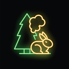Neon sign showing a rabbit remaining calm by a tree during a thunderstorm
