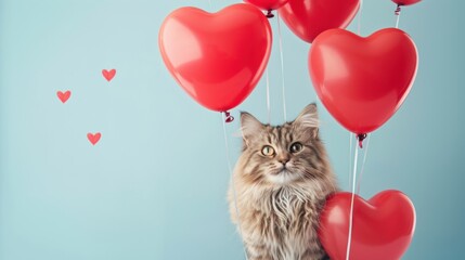Fluffy brown tabby cat with green eyes sitting near red heart-shaped balloons on blue background, concept of love and celebration.