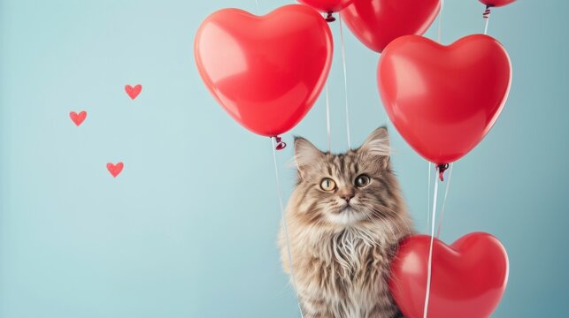 Fluffy brown tabby cat with green eyes sitting near red heart-shaped balloons on blue background, concept of love and celebration. - Powered by Adobe