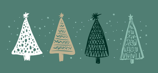 Christmas tree set on blue, hand drawn illustration	
