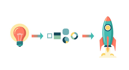 This modern illustration visualizes the business journey, transforming an innovative idea through development into a successful project launch and growth.