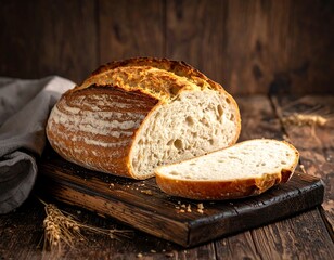 Freshly baked artisan bread loaf with a cut slice, presented on a wooden board