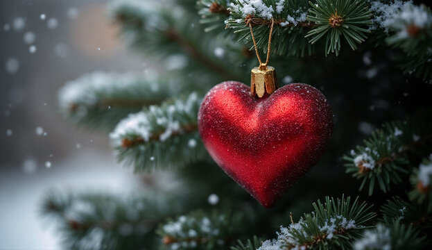 Red heart ornament on Christmas tree during a snowfall - Powered by Adobe