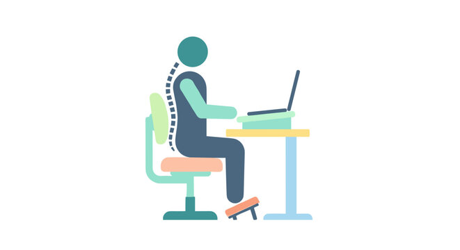 An illustration of a person demonstrating excellent ergonomic posture while working at a desk with a laptop, promoting health and comfort in the workplace.