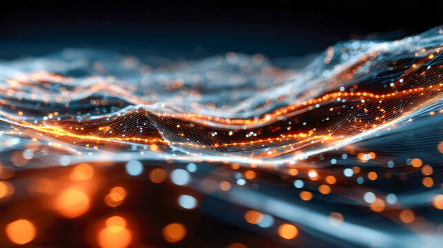 Dynamic glowing digital wave landscape with vibrant orange and blue light particles creating a futuristic abstract technology and data visualization scene
