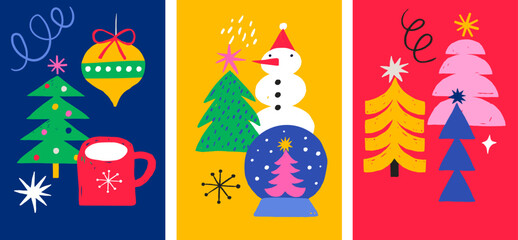 Retro geometric vertical Merry Christmas banner, winter poster and greeting card design.