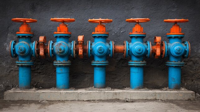 Aligned blue industrial pipes, valves shown. Plumbing system with orange flanges. Pipes conduct fluids in factory workshop. Metal pipeline transmits water for industrial process. Construction,