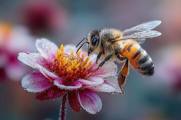 close-up of a bumblebee on a pink flower,