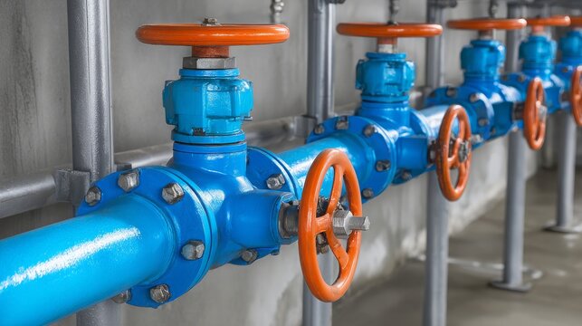 Aligned blue industrial pipes, valves shown. Plumbing system with orange flanges. Pipes conduct fluids in factory workshop. Metal pipeline transmits water for industrial process. Construction,