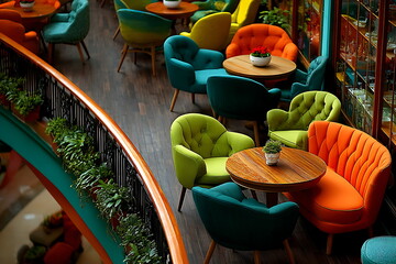 café interior with green and orange chairs, tables, aerial view, photograph from above, modern café in a shopping center, top-down view.