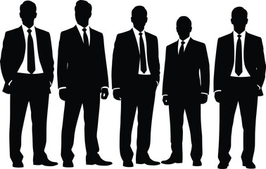 Silhouette of confident businessmen in formal suits standing together, teamwork unity and leadership concept, corporate people professional vector illustration design background