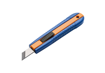 Blue and orange utility knife with extended sharp blade, isolated on a transparent background