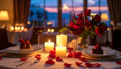 Romantic Dinner Setting with Candles and Rose Petals.