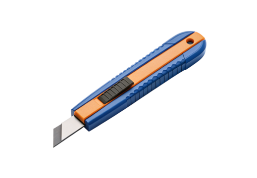 Blue and orange utility knife with extended sharp blade, isolated on a transparent background