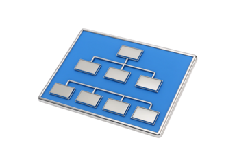 Blue organizational chart diagram with connected rectangular silver metallic nodes, isolated on a transparent background