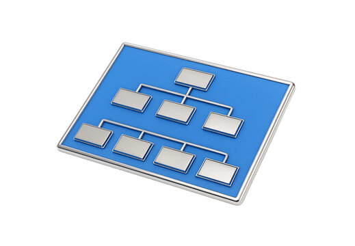 Blue organizational chart diagram with connected rectangular silver metallic nodes, isolated on a transparent background