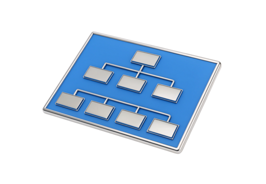 Blue organizational chart diagram with connected rectangular silver metallic nodes, isolated on a transparent background