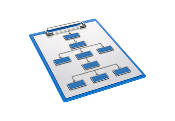 Blue clipboard with organizational flowchart diagram showing hierarchical structure boxes connected by lines, isolated on a transparent background