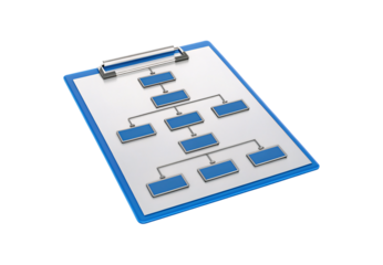 Blue clipboard with organizational flowchart diagram showing hierarchical structure boxes connected by lines, isolated on a transparent background