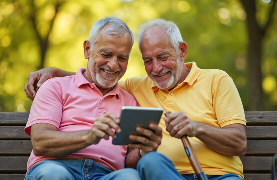Two senior friends watch tablet screen in park. Elderly men smile enjoy digital tech media content outdoors. Old people use modern gadget together in garden.