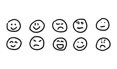 Naklejka premium Hand Drawn Emoticon Face Set Ten Black Circular Expressions for Emotional Learning, UI Icons. illustration set of different smiley face showing various emotions isolated on white or transparent