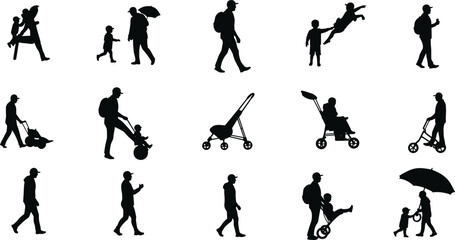 Silhouette of father and child in various activities, walking, playing, and pushing stroller, family love, parenting, and outdoor lifestyle vector illustration.