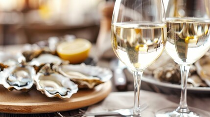 A close-up of two glasses of white wine beside a plate of fresh oysters with lemon slices. The setting is elegant and suitable for fine dining.