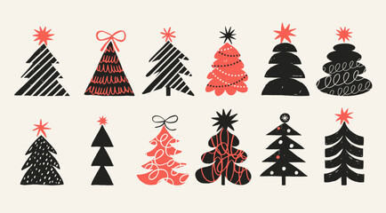 Vintage hand drawn Christmas trees collection 